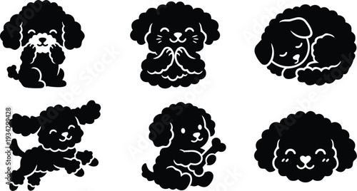 Minimalist vector flat design six poodle puppy icons set showing playful jumping sitting sleeping holding bone close up front view friendly silhouettes cute curled smiling head