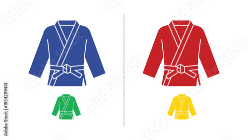 Comparison of traditional martial arts uniforms with different colored jackets and pants