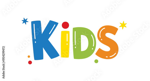 Colorful illustration of children having fun, playing together with vibrant typography and decorative elements