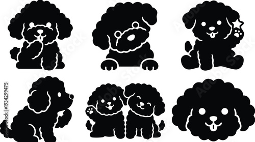 Flat design close up poodle puppy icon set six poses sitting waving paw holding star tongue out smiling facing forward bold black silhouette playful vector art
