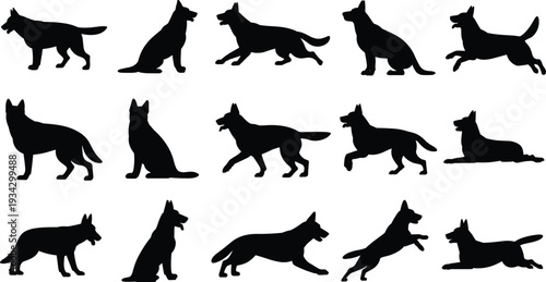 German Shepherd silhouette SVG mega bundle with 15 poses, standing sitting running jumping dog breed outline set for Cricut, vinyl decal and laser cut