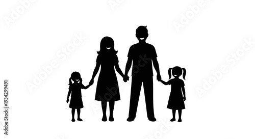 Family of four holding hands together in unity and love graphic illustration