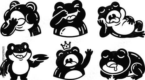 Flat design vector art six playful frog mascots in bold black silhouette various poses close up front view smiling waving reclining with crown high contrast illustration