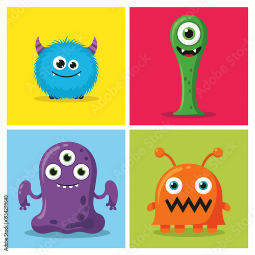 Playful blue fuzzy monster waving happily on yellow vivid backdrop.