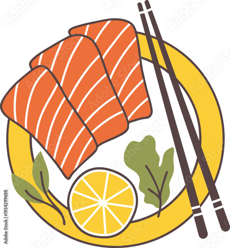 Salmon sashimi slices with lemon and chopsticks