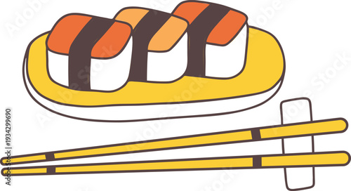 Japanese sushi nigiri with chopsticks on a yellow plate