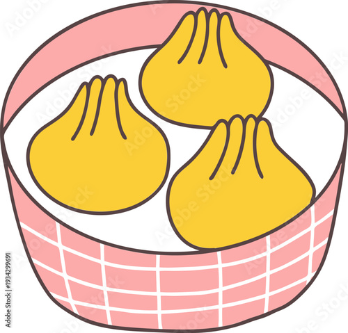 Steamed dumplings serving in pink basket illustration