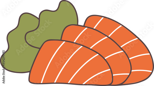 Salmon sashimi slices with a dollop of wasabi