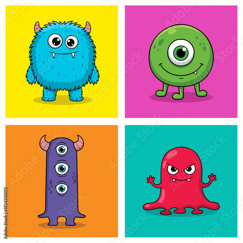 Playful blue fuzzy monster character with small horns shining on yellow studio background.