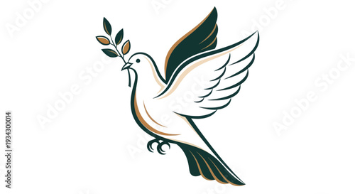 Symbolic white dove carrying olive branch depicting peace and hope
