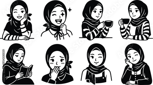 Minimalist black and white vector art close up of eight hijab women avatars showing smiling winking reading drinking holding cup blushing surprised relaxed portrait flat design