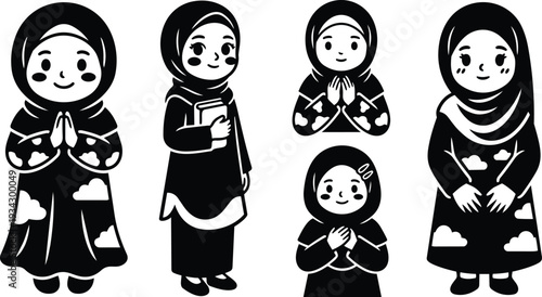 Minimalist vector art front view smiling hijab girls praying and holding book standing in row isolated on white flat design peaceful composition cute monochrome silhouette friendly