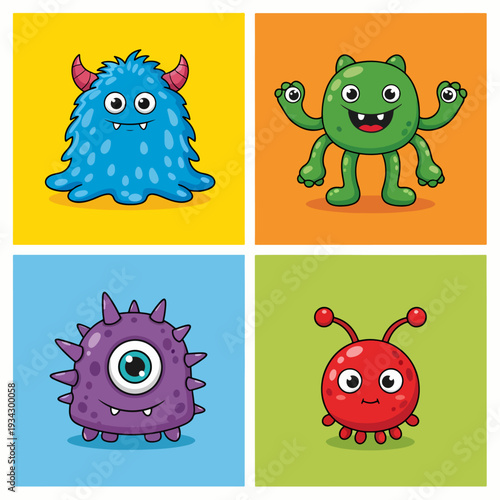 Happy green four-armed monster waving cheerfully on orange backdrop with big toothy grin and playful energy.