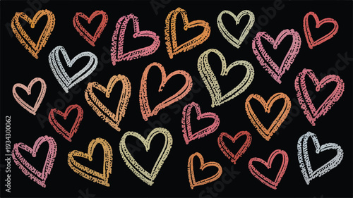 Dynamic array of hand-sketched chalk-style hearts on a dark backdrop, creating a romantic and artistic pattern