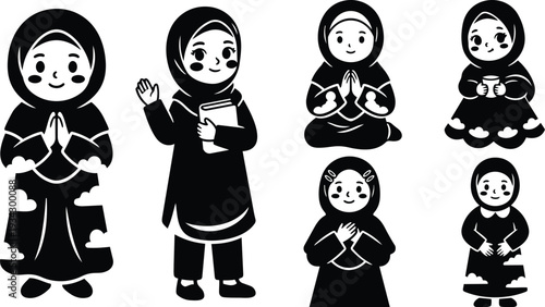 Vector art close up set of smiling hijab girls waving praying holding book and cup in various poses flat black silhouettes friendly studio vector characters illustrations
