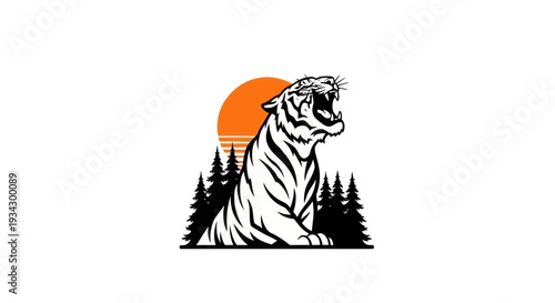 Tiger roaring silhouette against orange sunset with pine trees