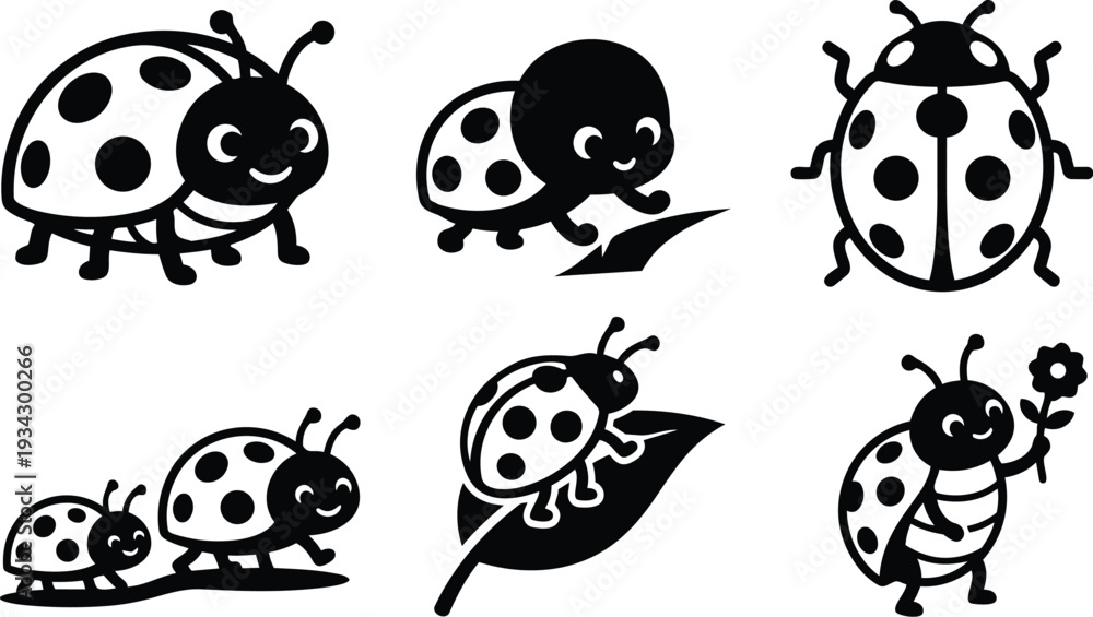 Obraz premium Vector minimalist flat design close up smiling ladybug icon set with side view top view on leaf crawling and holding flower playful black silhouette cute faces