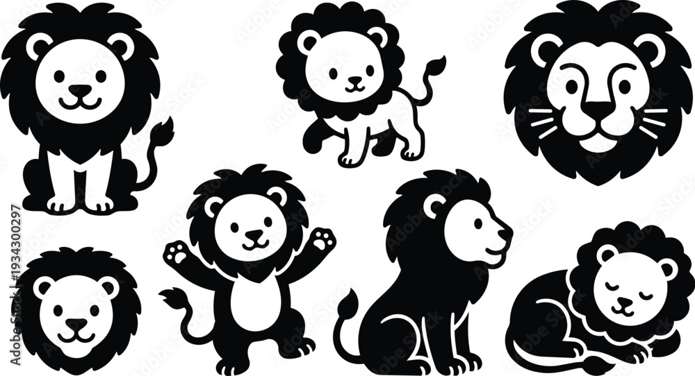 Fototapeta premium Minimalist vector close up and full body lion icon set showing playful standing sitting sleeping roaring faces in flat black silhouette with clean friendly mane