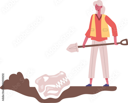 Woman paleontologist excavating ancient dinosaur fossil skull