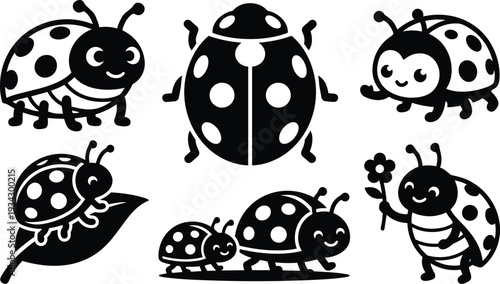 Flat design smiling ladybug parent holding flower with small baby walking on a leaf multiple pose side and top view black and white vector icons mockup