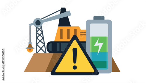 Illustration depicting heavy construction machinery, a large battery, and a warning sign, symbolizing industrial energy and safety.
