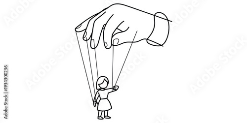 Minimalist line art illustration of a giant hand controlling a woman puppet