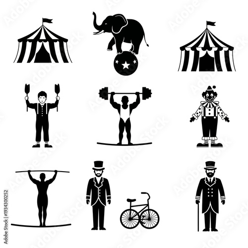 A collection of circus and gym icons in black and white