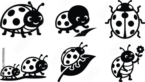 Vector minimalist flat design close up smiling ladybug icon set with side view top view on leaf crawling and holding flower playful black silhouette cute faces