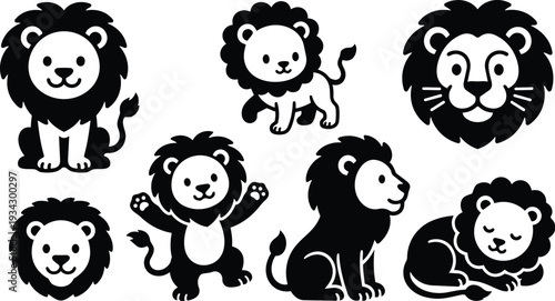 Minimalist vector close up and full body lion icon set showing playful standing sitting sleeping roaring faces in flat black silhouette with clean friendly mane