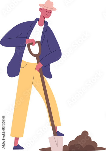 Smiling man digging soil with shovel for gardening