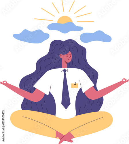 Businesswoman meditating finding peace of mind and balance