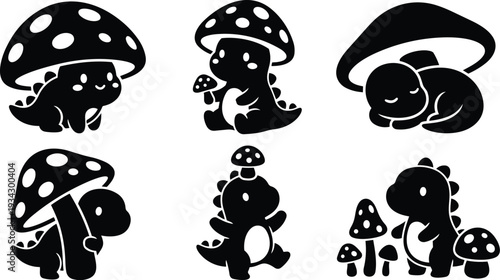 Flat design close up kawaii dinosaur with spotted mushroom hat looking at camera sitting holding tiny mushroom in whimsical forest scene high contrast silhouette adorable