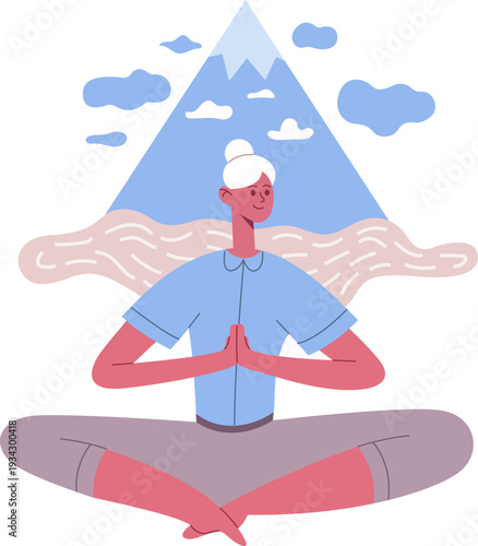 Woman meditating in nature with calming mountain view