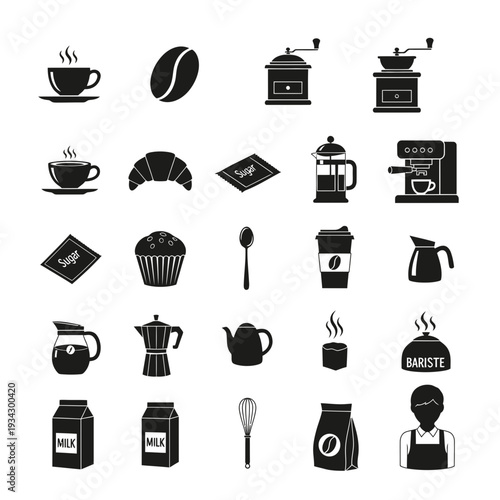 A collection of coffee and food icons in black and white