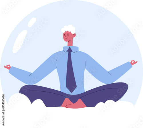 Businessman meditating in a protective bubble finding mental clarity