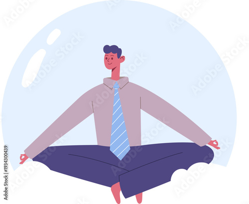 Businessman meditating in protective bubble finding peace and focus
