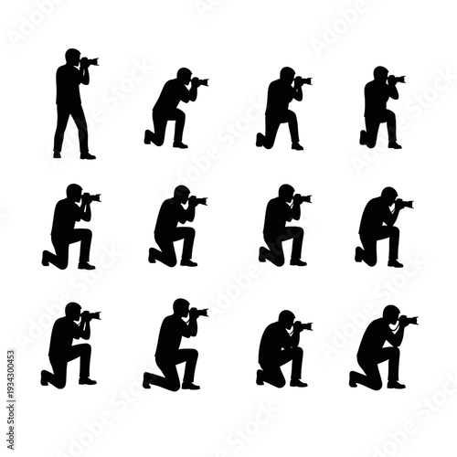 A group of black silhouette images of a person shooting a gun