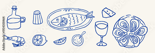 Hand drawn vintage design elements in a doodle style. Vector Food illustrations in classic Italian aesthetics. Dolce Vita - Menu, posters designs.