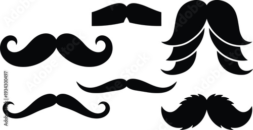 Minimalist vector art set of assorted mustache styles in black silhouette including handlebar walrus horseshoe thin thick curled layered hair shapes isolated on white background clean