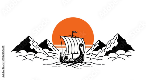 Viking longboat sailing towards sunset between mountain peaks vector