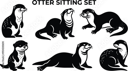 Minimalist vector art close up six sitting otters in varied poses looking at viewer and away black and white silhouette set with playful mood friendly expressions
