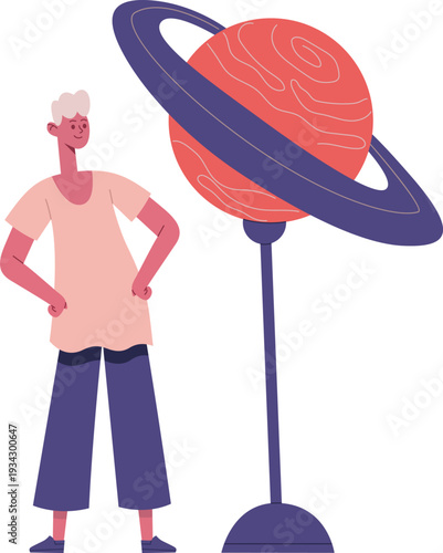 Young person studying a ringed planet model