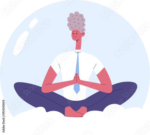 Business man meditating in a protective bubble for mindfulness