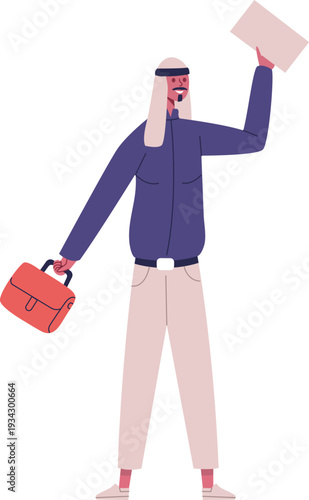 Arab businessman holding document and briefcase achieving success