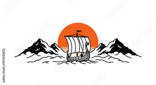 Viking ship sailing at sunset silhouette over mountain range