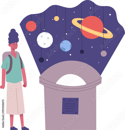 Person viewing solar system planets display at museum