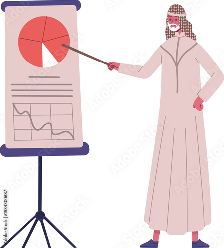 Arab businessman giving presentation about falling market statistics