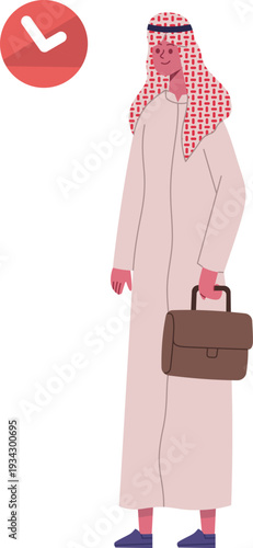 Arab businessman carrying briefcase with checkmark icon