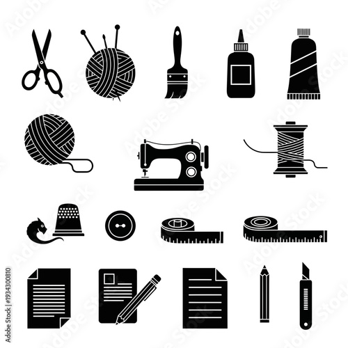 Sewing and crafting tools and supplies icon set