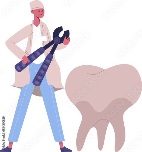 Dentist holding large forceps extracting a molar tooth